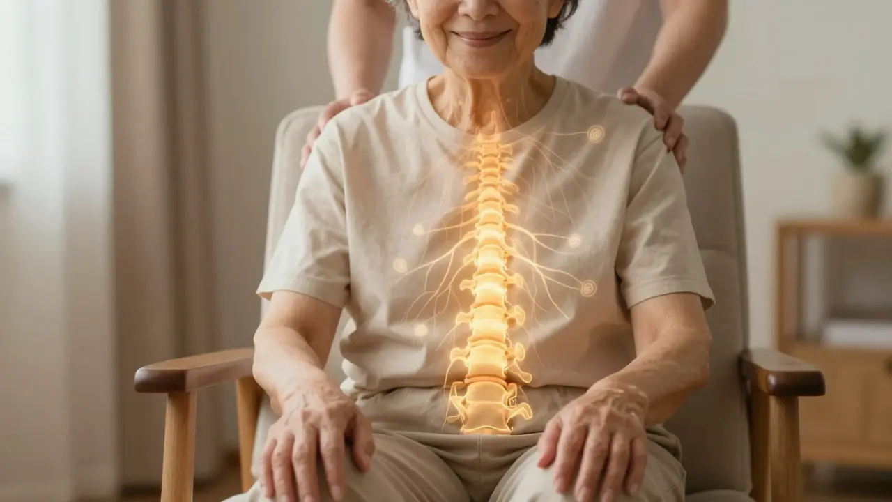 Starší člověk sedí klidně, z jeho těla vychází jemné světlo znázorňující obnovu pohyblivosti.