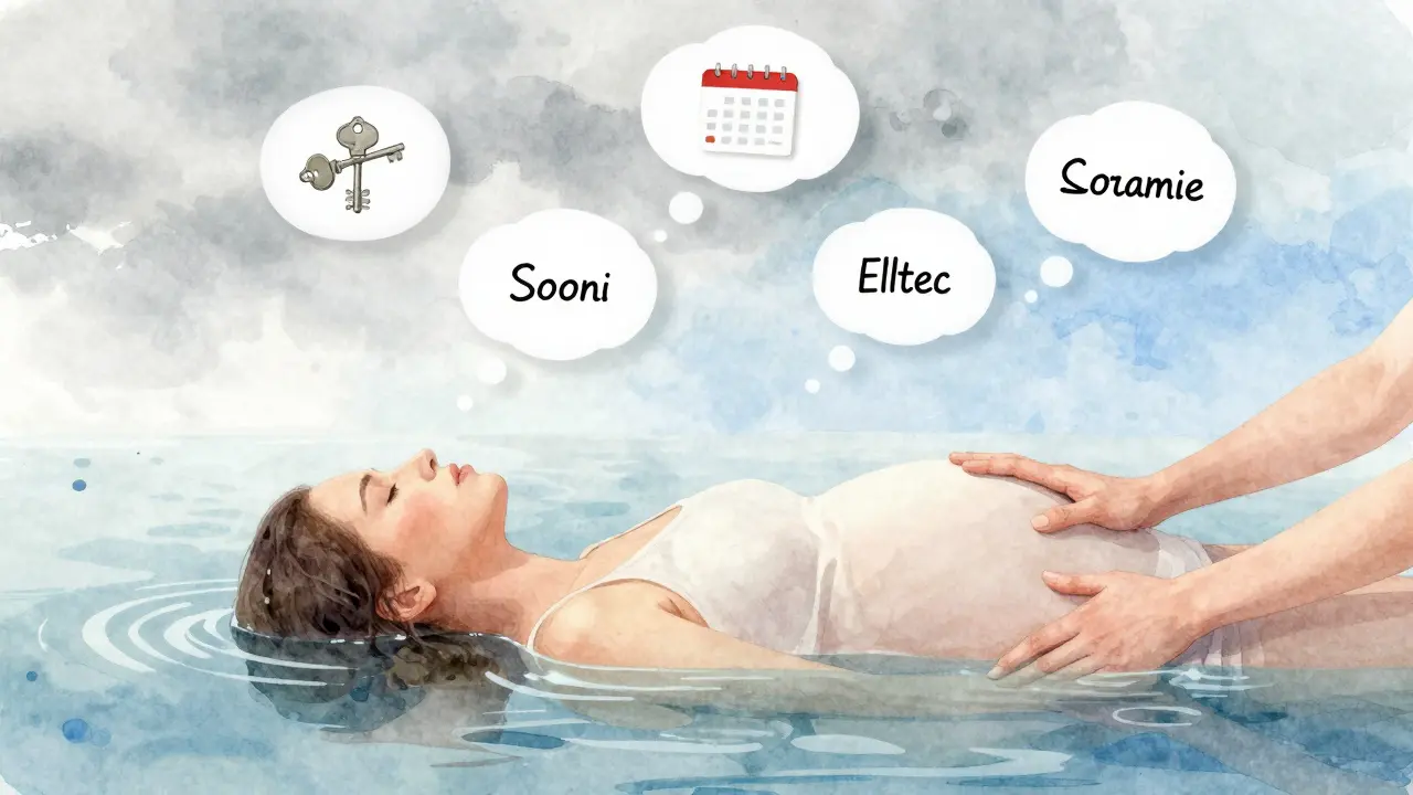 Symbolický obraz těhotné ženy s jasnou myslí, kde stres mizí jako vlnky na klidné hladině.