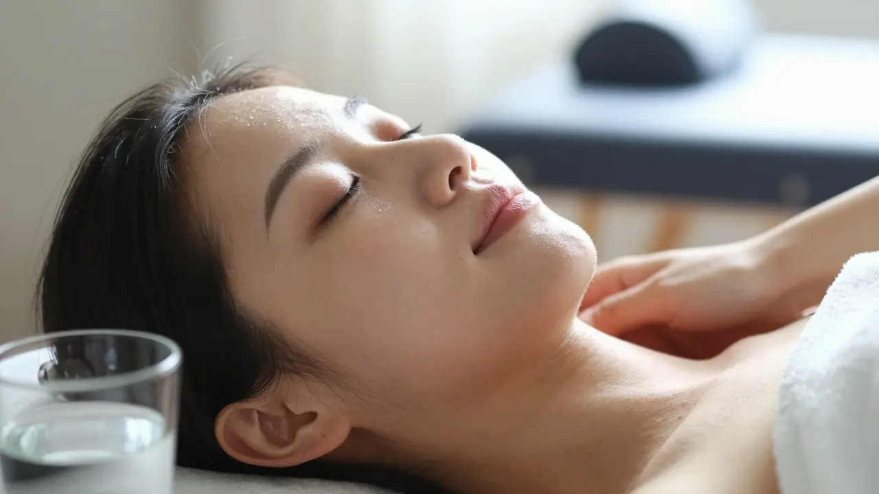 Těhotná žena s klidným výrazem obličeje po masáži, osvětlená přírodním světlem.