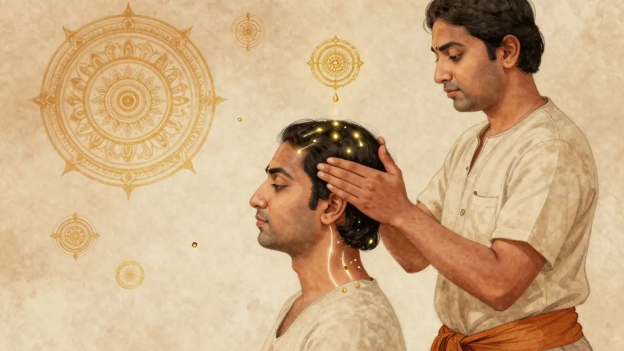 Tradiční indická masáž hlavy podle Ayurvédy s důrazem na akupunkturální body a energii.