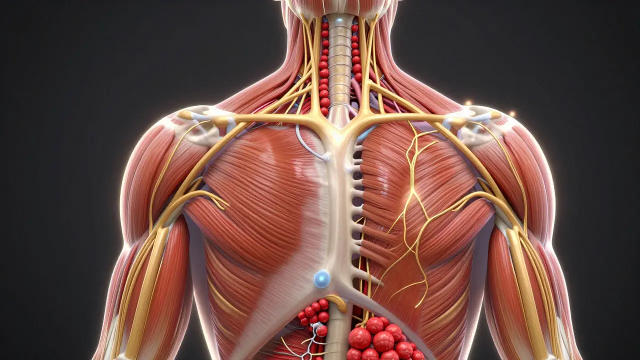 Translucenční ilustrace těla s ukázkou uvolnění svalových uzlů a zlepšení krevního oběhu.