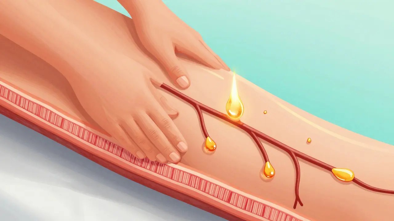 Umělecké znázornění uvolňování pojivové tkáně a zlepšení cirkulace během masáže.