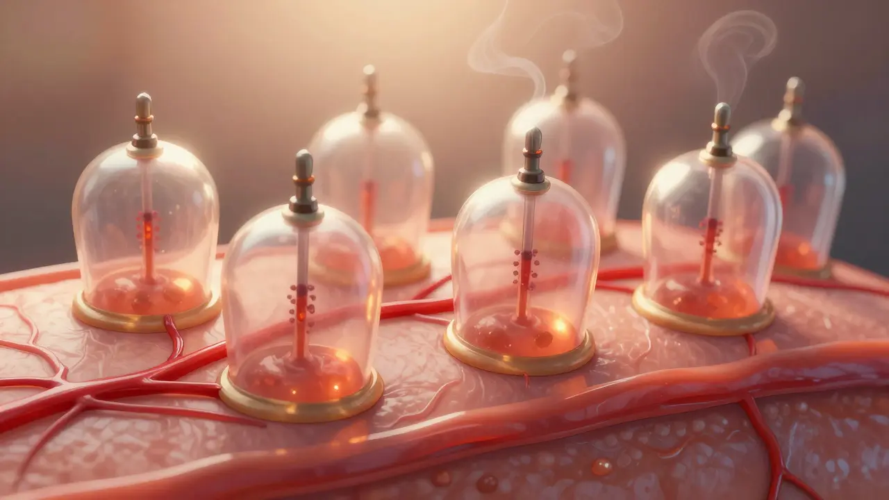 Detailní znázornění zlepšeného krevního oběhu pod kůží při vákuumové terapii.