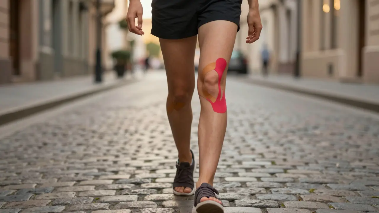 Osoba chodí po ulici s viditelným kineziologickým tejpem na kolenech, bez známek bolesti.