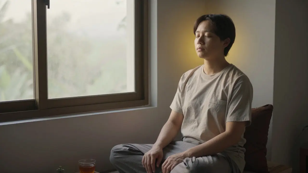 Osoba klidně sedí v ranním světle, znázorňující hluboký klid a lepší spánek.