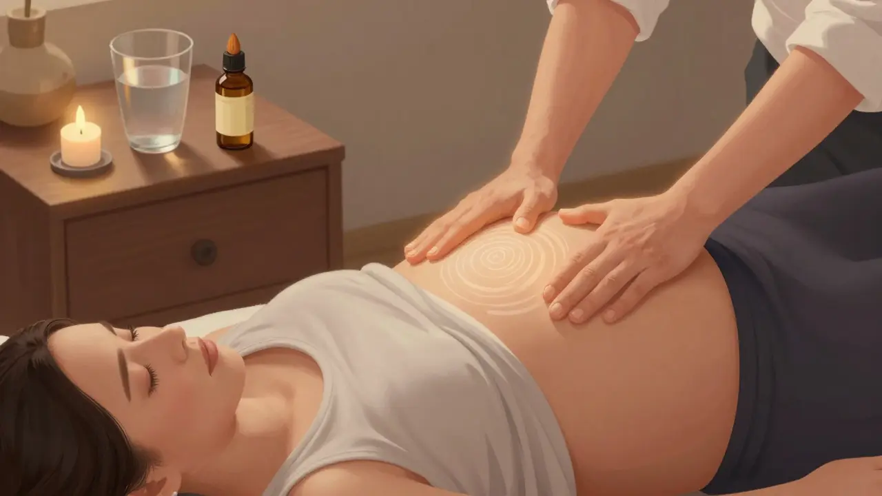 Partner jemně masíruje břicho těhotné ženy kruhovými pohyby.