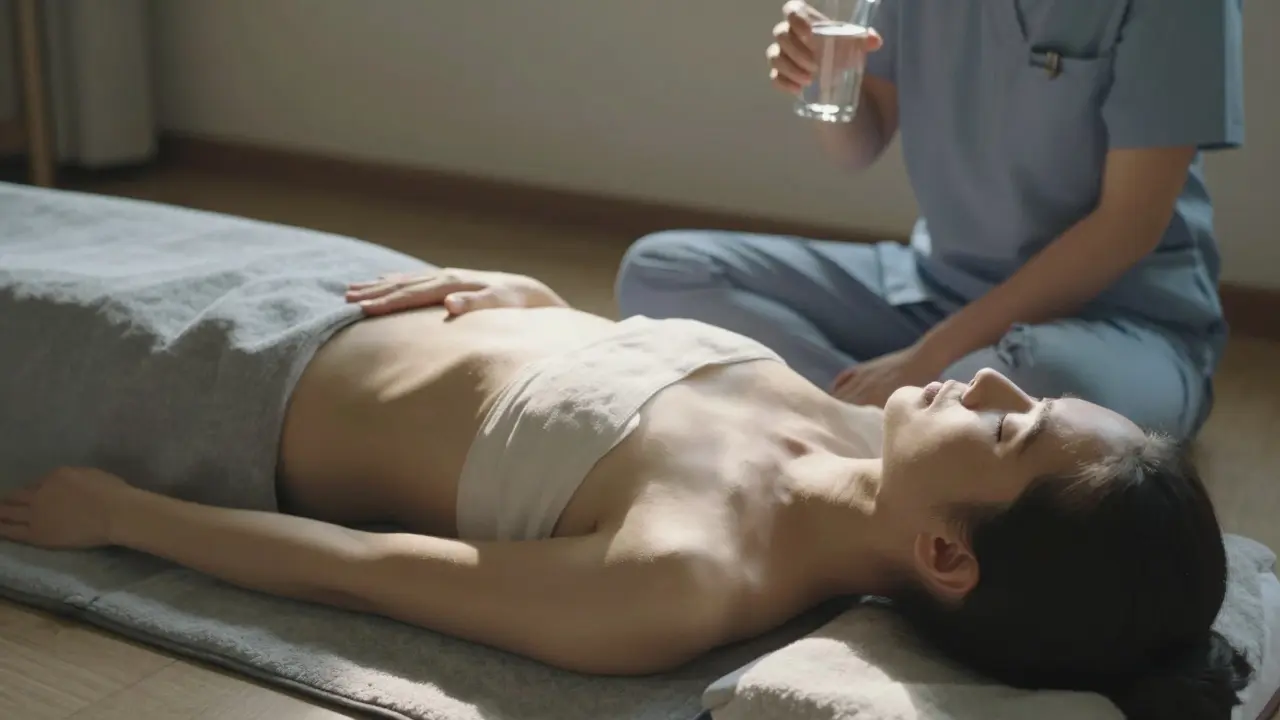 Po masáži klidně ležící člověk s rukama na břiše v klidné, osvětlené místnosti.