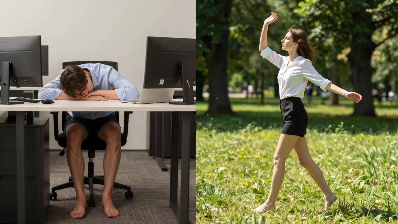 Před a po: člověk s otoky a únavou vs. člověk s lehkostí a zdravou kůží při procházce.