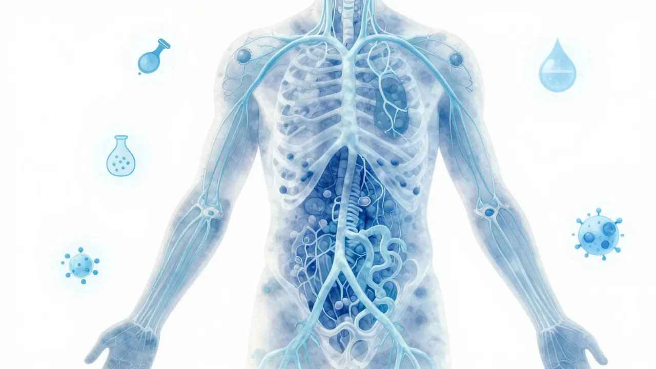 Průhledný lidský organismus s modře zářícími lymfatickými cestami, které odvádějí toxiny k uzlinám.