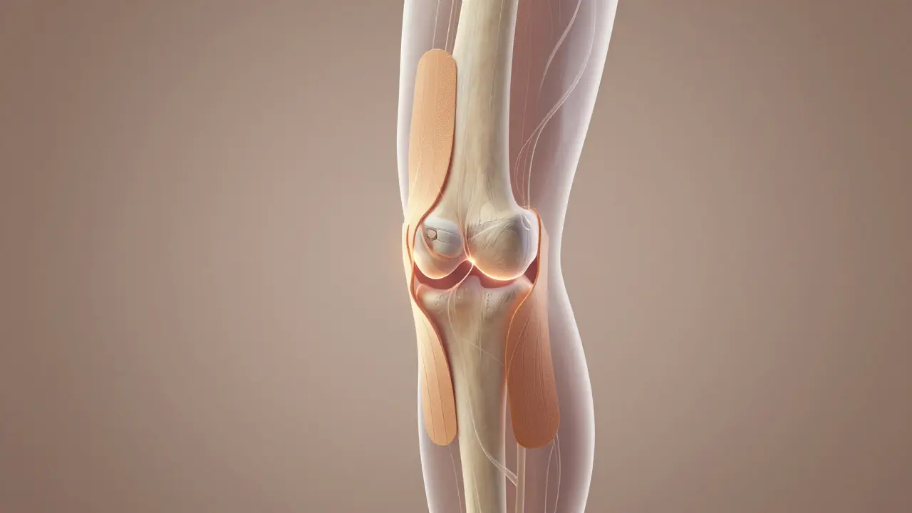 Průhledný náčrt kolenního kloubu s tejpem a aktivovanými nervovými signály pro snížení bolesti.