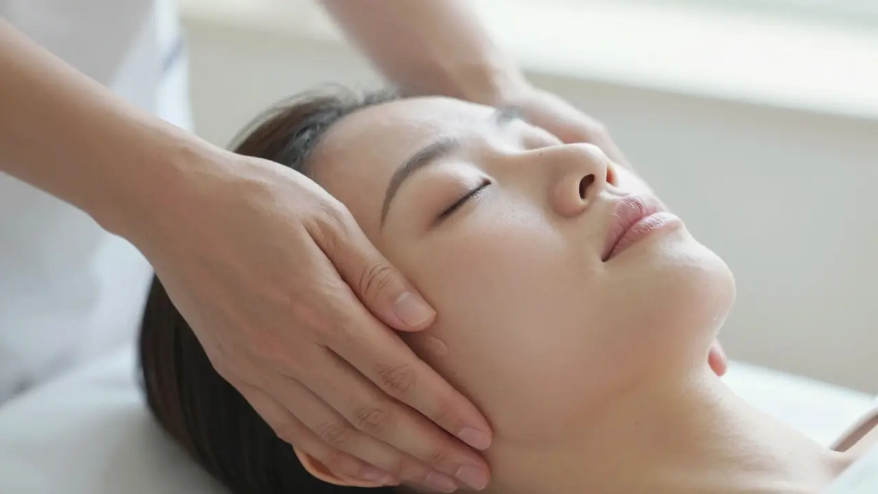Ruce maséře provádějí jemné kruhové pohyby na čelisti a obličeji.