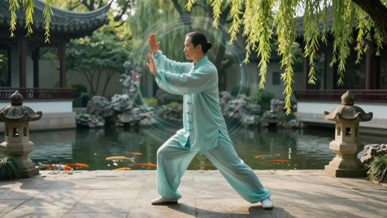 Člověk cvičící Tai Chi v tradiční čínské zahradě s jemnou aurou vitality kolem sebe.