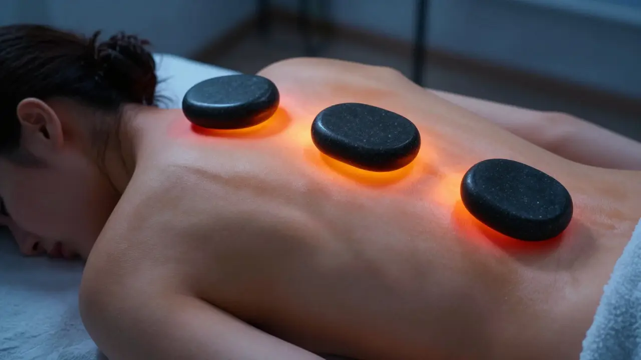 Detail hřbitu s horkými lávovými kameny umístěnými na akupaturní body s vizualizací pronikajícího tepla.