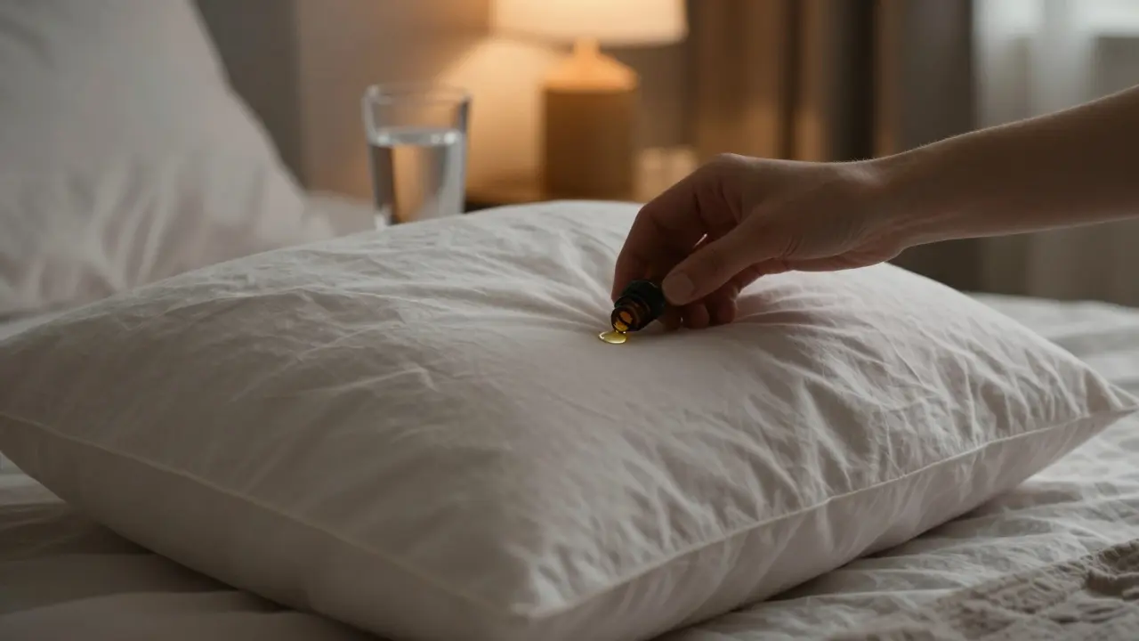Detail ruky kapající esenciální olej na bílý polštář v ložnici.