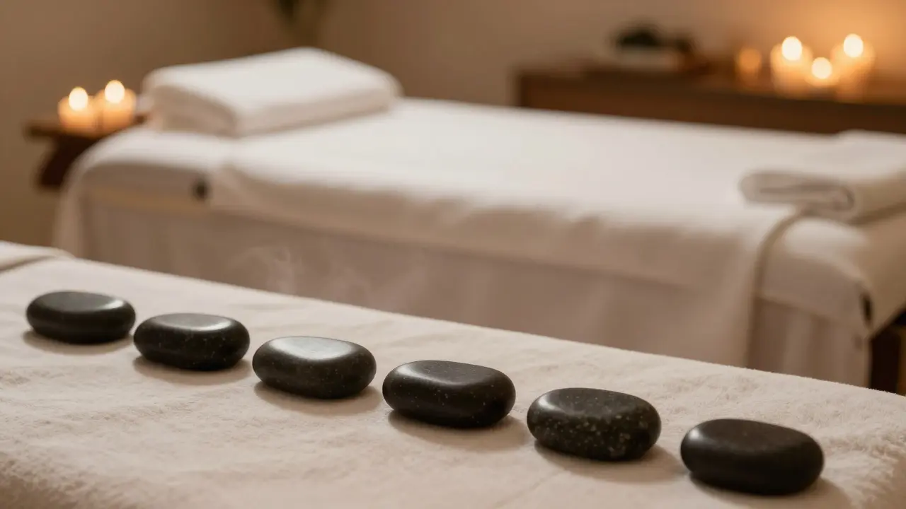 Klidná atmosféra wellness studia s masážním stolem, svíčkemi a sadou hladkých černých kamenů.