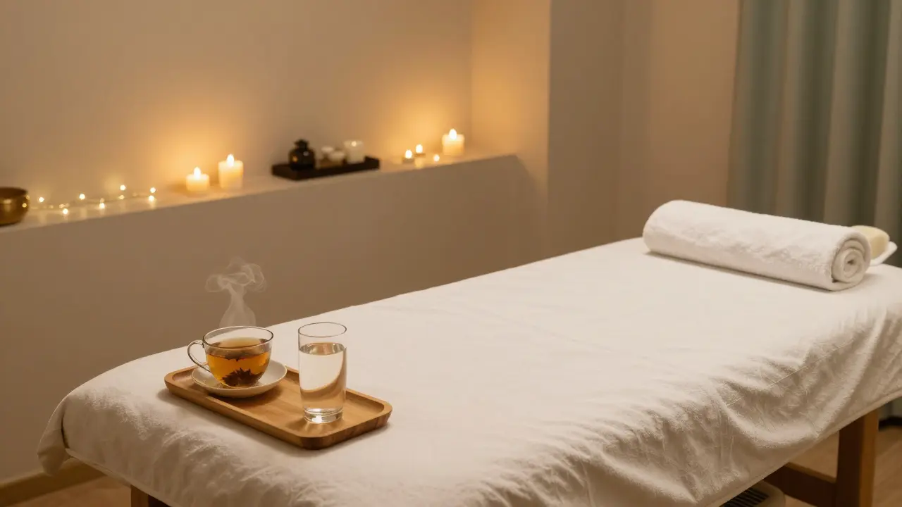 Klidná masážní místnost s bylinkovým čajem a tlumeným osvětlením.