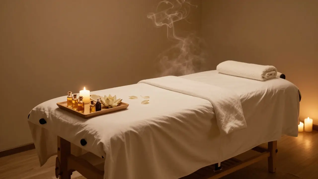 Klidně osvětlený prostor pro tantrickou masáž s oleji a svíčkami.