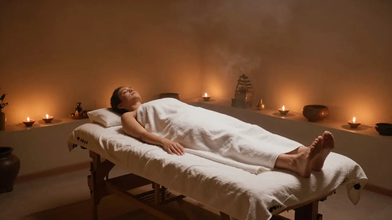 Klidný interiér ájurvédského salonu s tlumeným osvětlením a atmosférou relaxace.