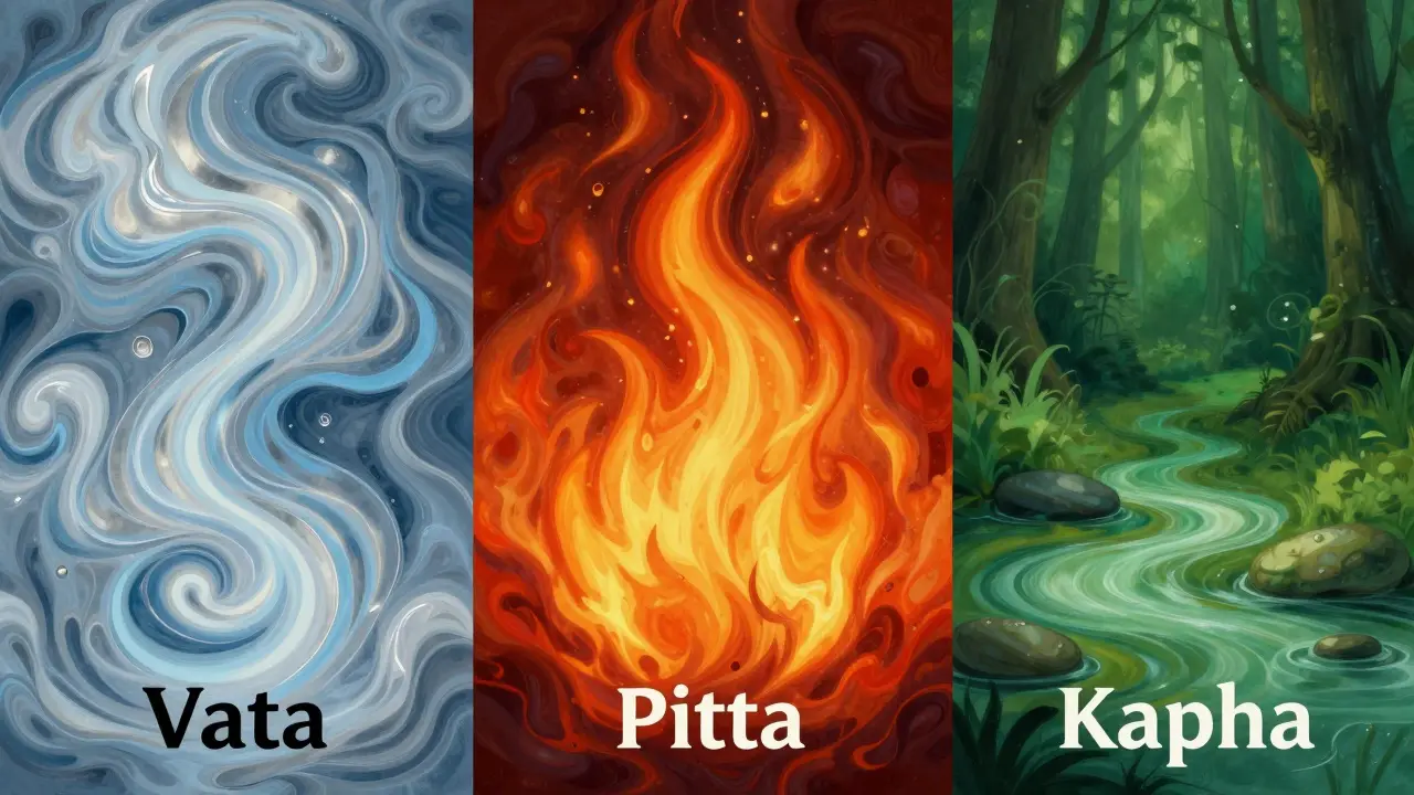 Koncepitní znázornění tří dosh: vzdušné Vata, ohnivé Pitta a zemské Kapha.