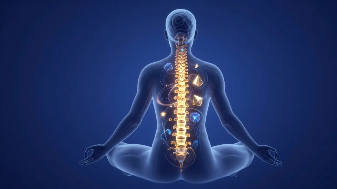 Konceptuální ilustrace svítící páteře symbolizující uvolnění blokád.