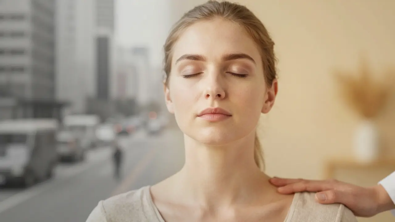 Konceptuální obraz přechodu od stresu k hlubokému uvolnění a klidu.