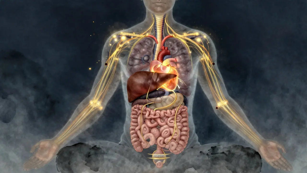 Konceptuální zobrazení propojení akupresurních bodů na kůži s vnitřními orgány pomocí zlatých proudů.