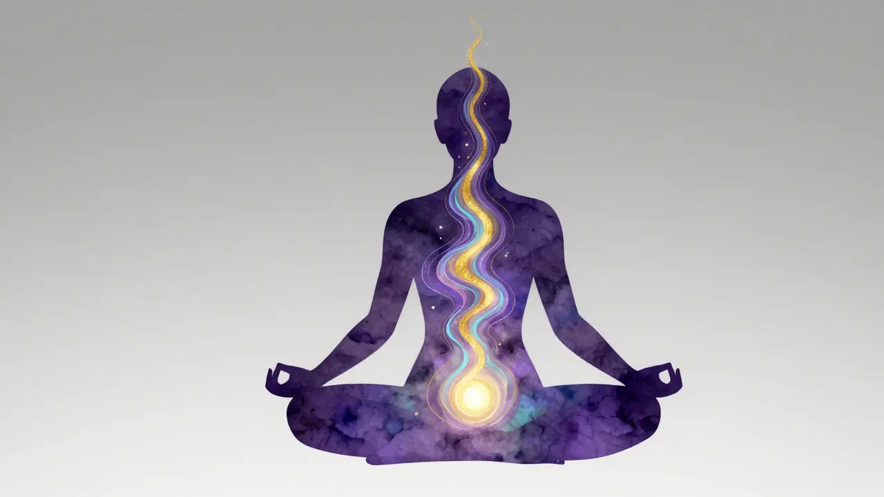 Kresba postavy s proudícími barevnými vlnami energie z pánve skrz tělo.