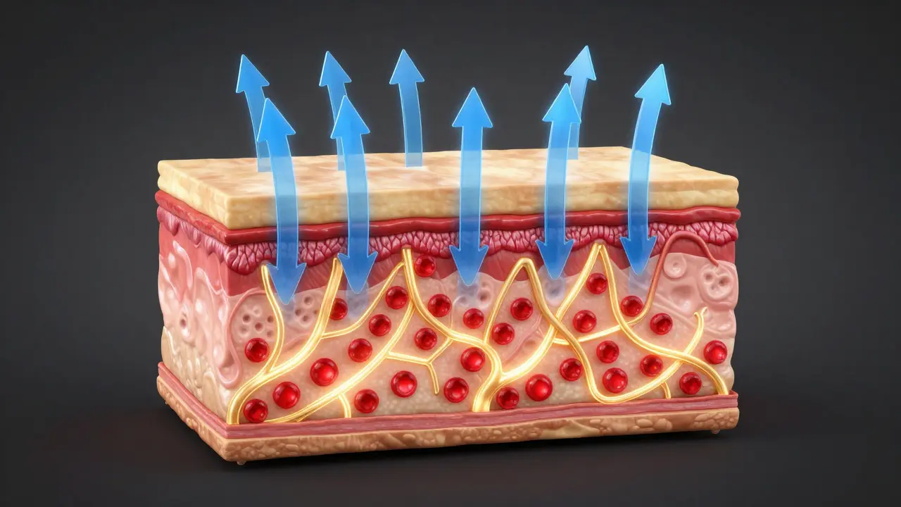 Kresba působení podtlaku na kůži a lymfatický systém.