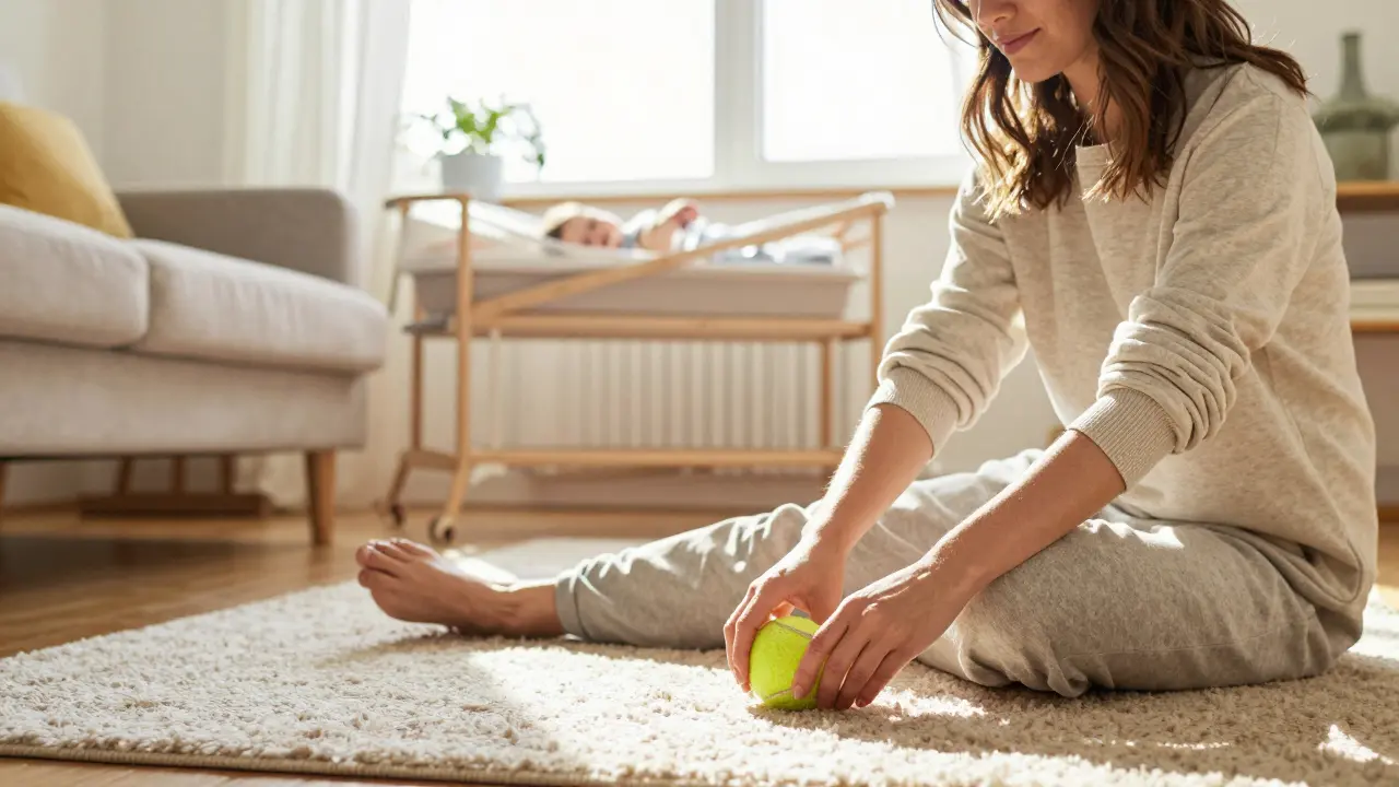 Matka v brightu obývacím prostoru praktikující samo-masáž plosky nohy s tenisovým míčkem.