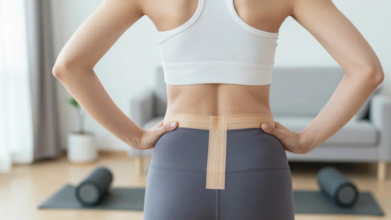 Osoba s aplikovaným tejpem na zádech v prostředí zaměřeném na zdravý pohyb.