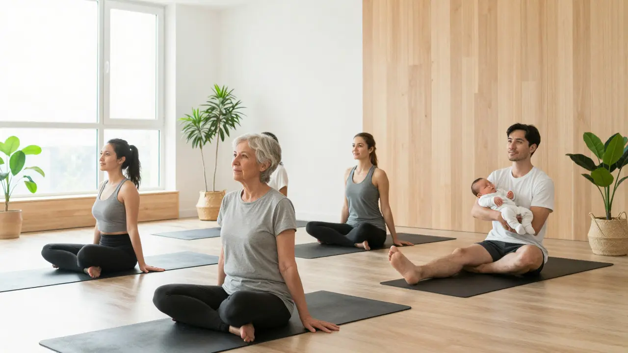 Šťastný senior, dospělý a miminko v prosvětleném wellness studiu.