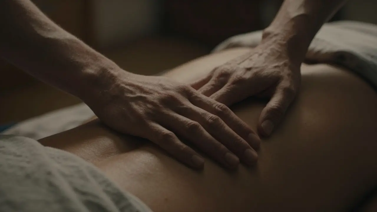 Detail jemného doteku rukou na zádech v intimním prostředí
