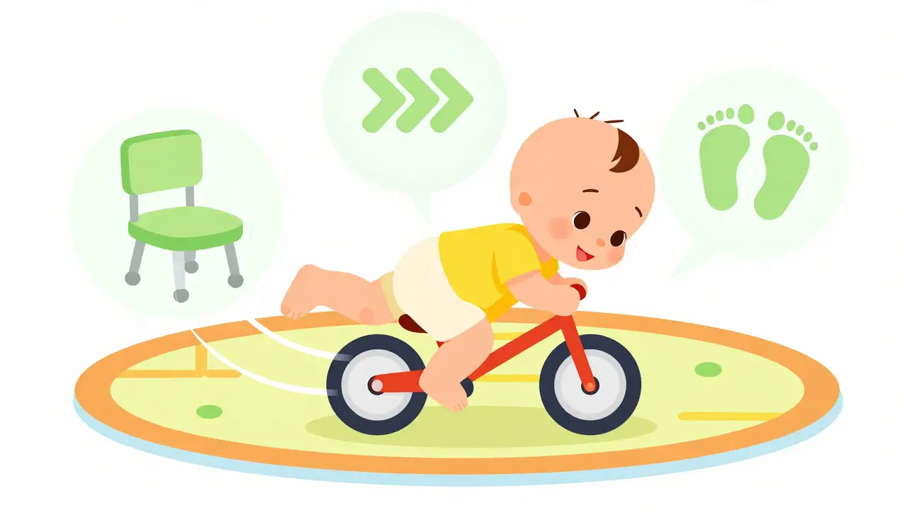 Hravé dítě na rohoži s abstraktními symboly motorického vývoje