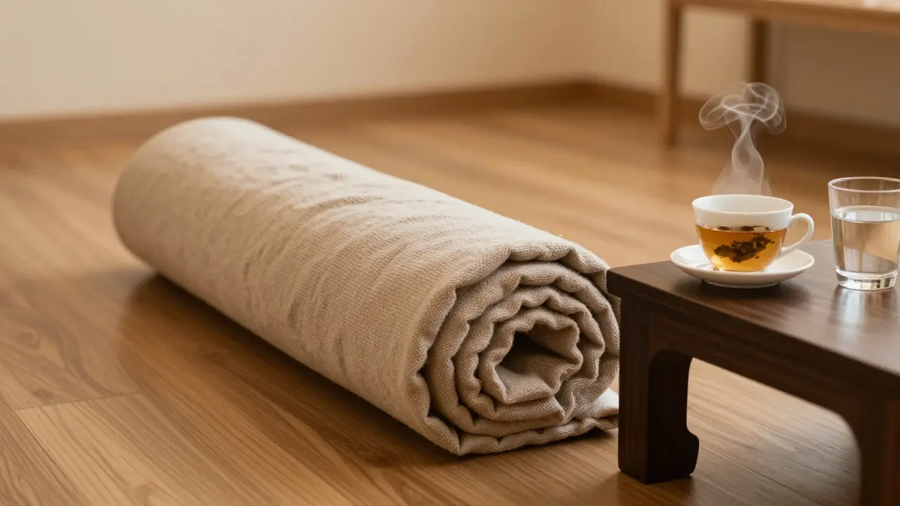 Klidné wellness studio s futonem, čajem a vodou pro regeneraci po masáži