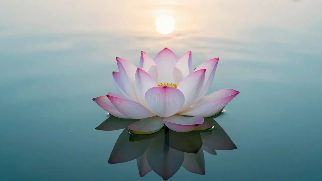 Lotus květ v klidné vodě symbolizující obnovu a mír