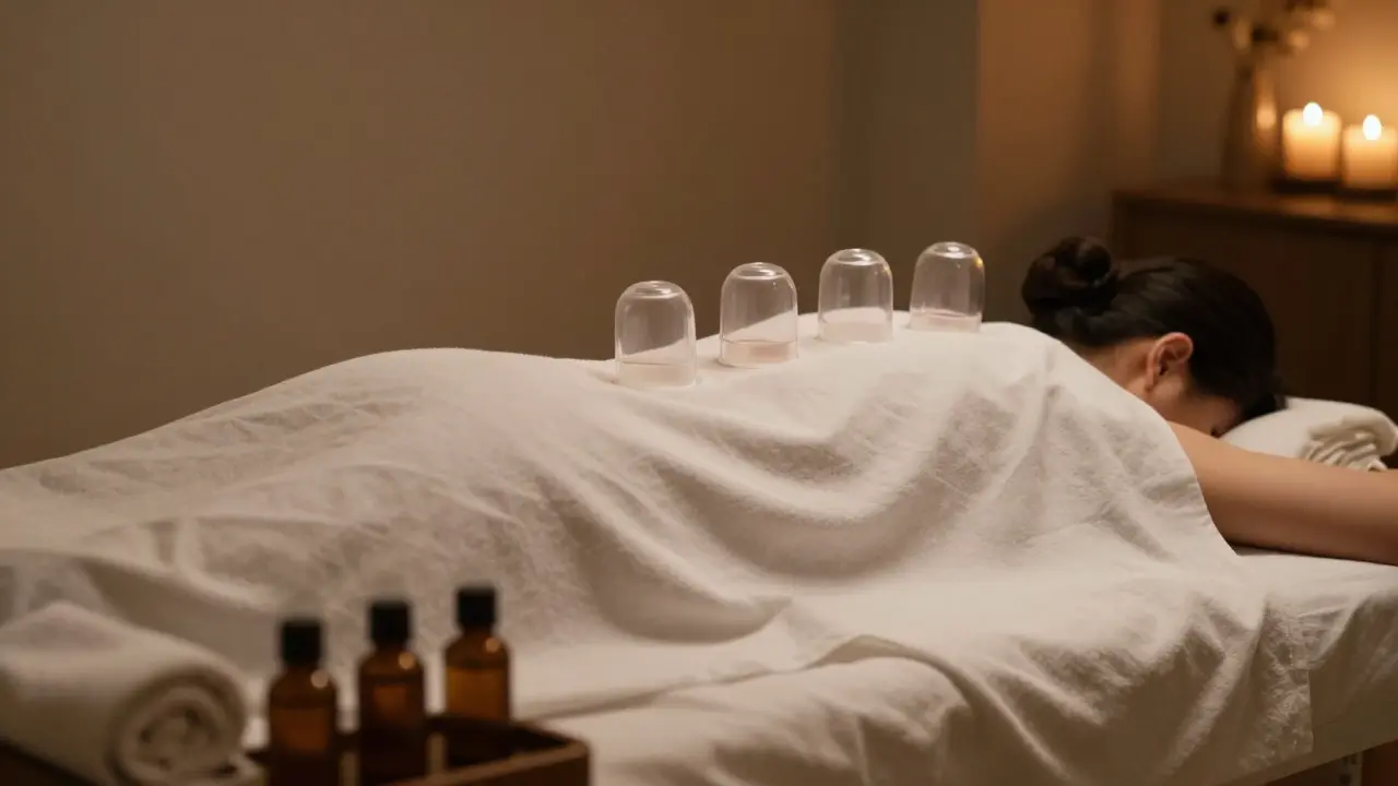 Relaxační atmosféra terapeutické místnosti s pohárky