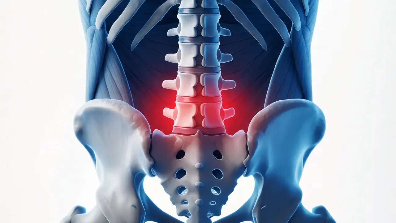 Anatomický náhled na bederní páteř s vyznačenou blokádou kloubu