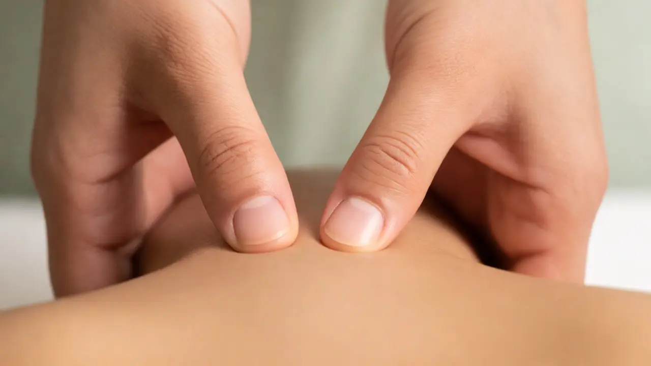 Detailní záběr na masírování šíje a temene prsty při uvolňování napětí