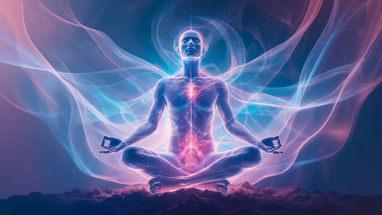 Konceptuální ilustrace těla obklopeného klidnou energií symbolizující aktivaci parasympatiku.