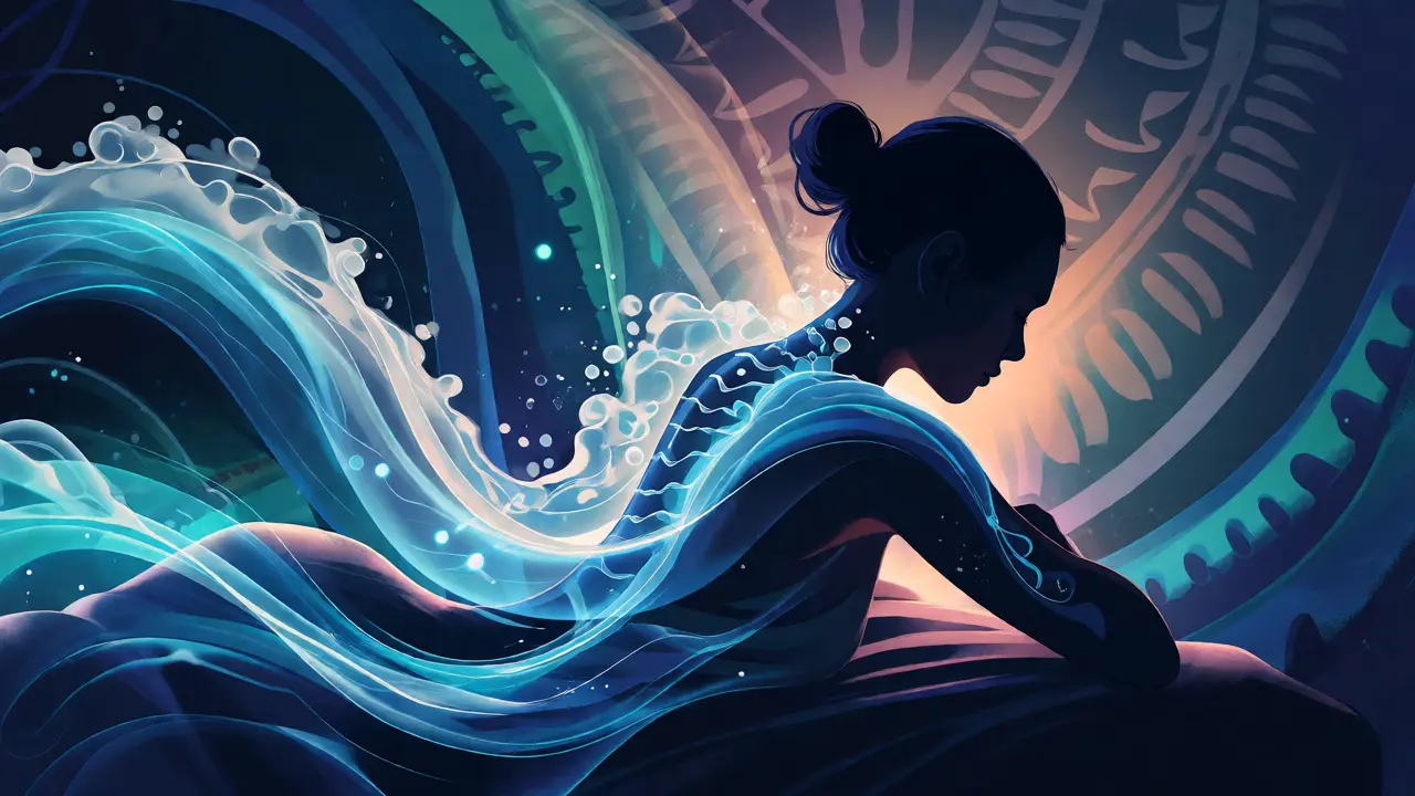 Konceptuální ilustrace uvolňování napětí z těla pomocí vln a energie během masáže.