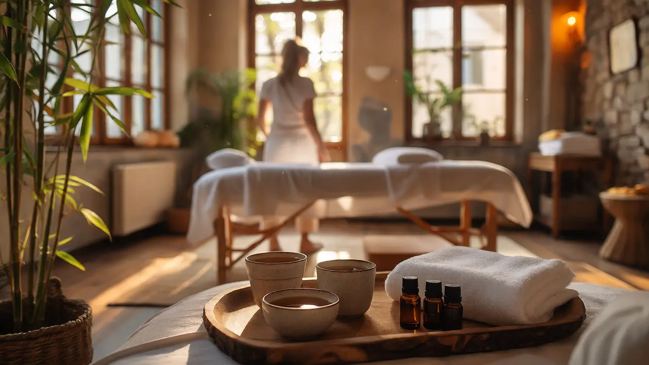 Relaxační koutek s čajem a oleji v útulném wellness studiu připraveném na masáž.