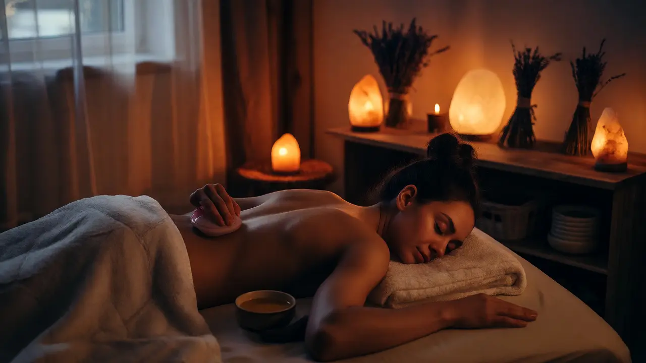 Žena v tiché ložnici provádí večerní relaxační rutinu s baňkami